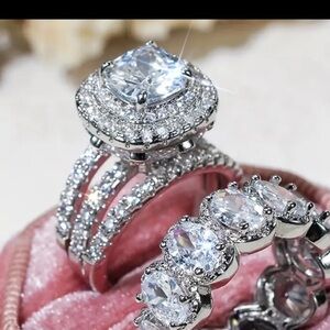 Women's Sterling Silver Halo Zircon Engagement Ring Cushion Cut 3ct center 8